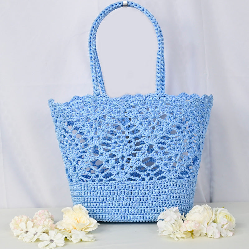 Beatrice Crochet Tote in Light Blue — crochet cotton with delicate lace detailing