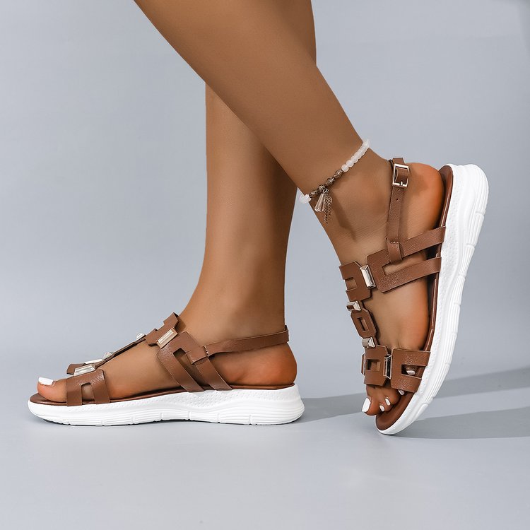 Serena Studded Sandals in Brown — platform sandals with gold square accents and cushioned footbed