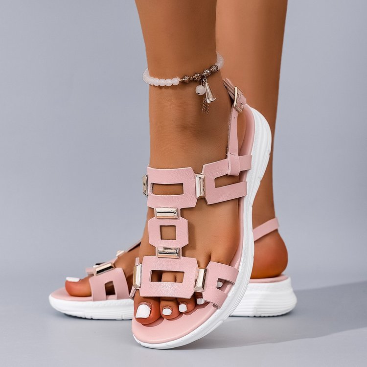 Serena Studded Sandals in Pink — platform sandals with gold square accents and cushioned footbed