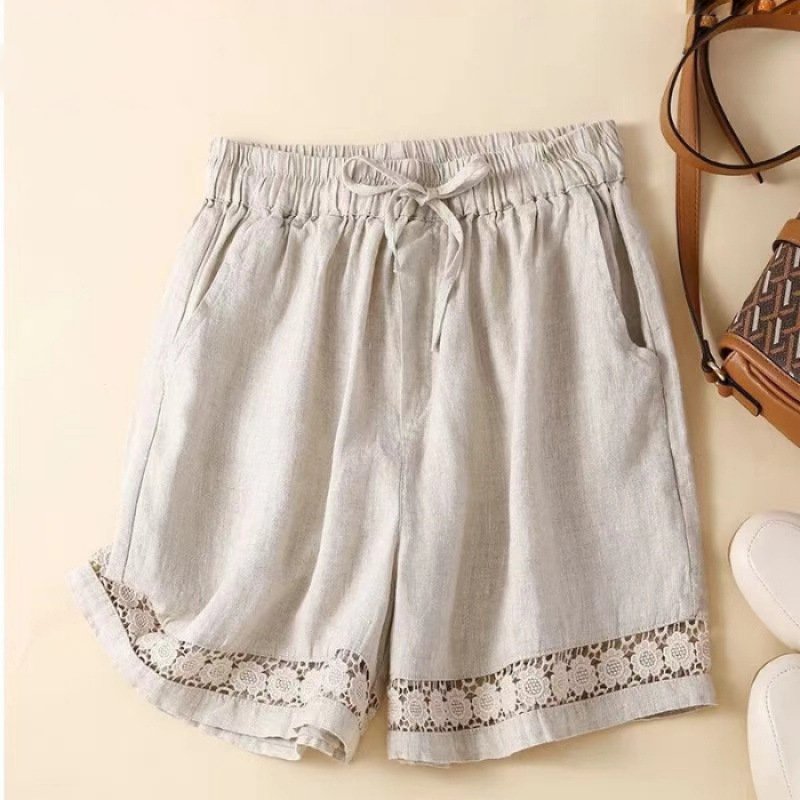 Estelle Linen Shorts in Beige — drawstring lace trim