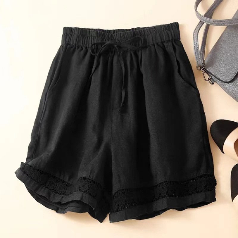 Estelle Linen Shorts in Black — drawstring lace trim