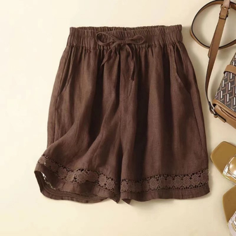 Estelle Linen Shorts in Brown — drawstring lace trim