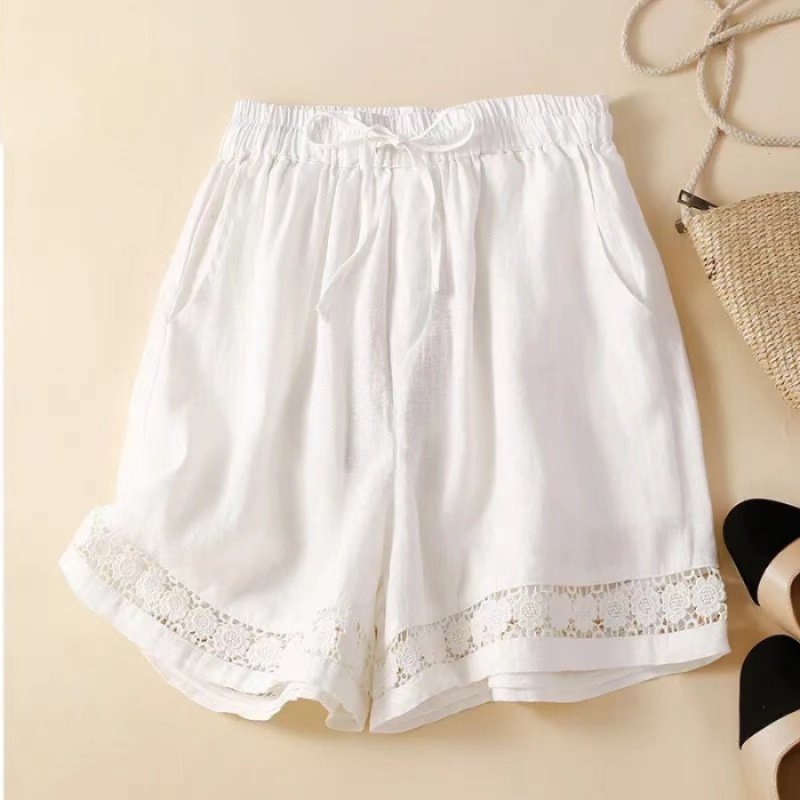 Estelle Linen Shorts in White — drawstring lace trim
