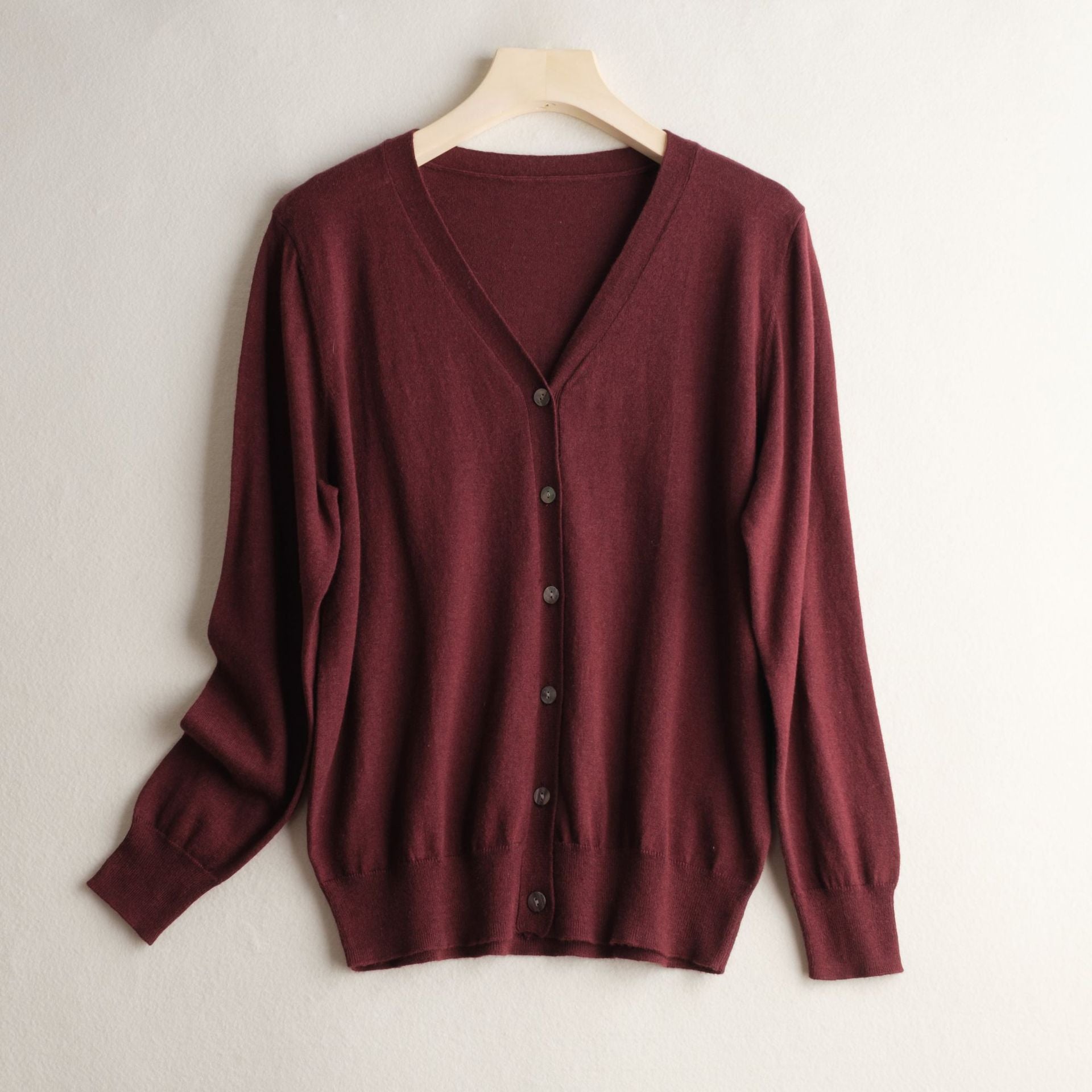 Noelle Knit Cardigan in Beige — women's lightweight V-neck button cardigan
