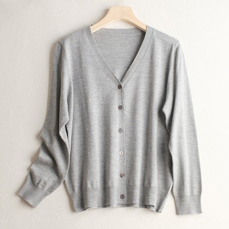 Noelle Knit Cardigan in Gray — women's lightweight V-neck button cardigan