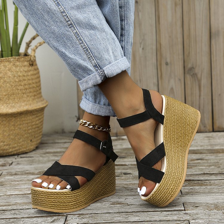 Esme Platform Wedges in Black — hemp-wrapped wedge