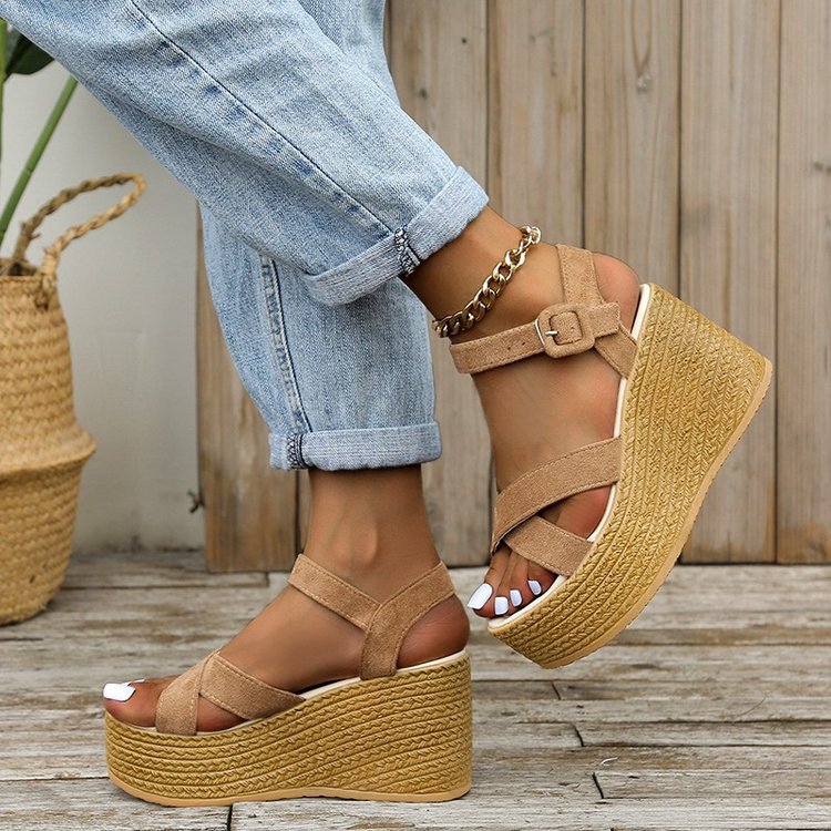 Esme Platform Wedges in Light Brown — hemp-wrapped wedge