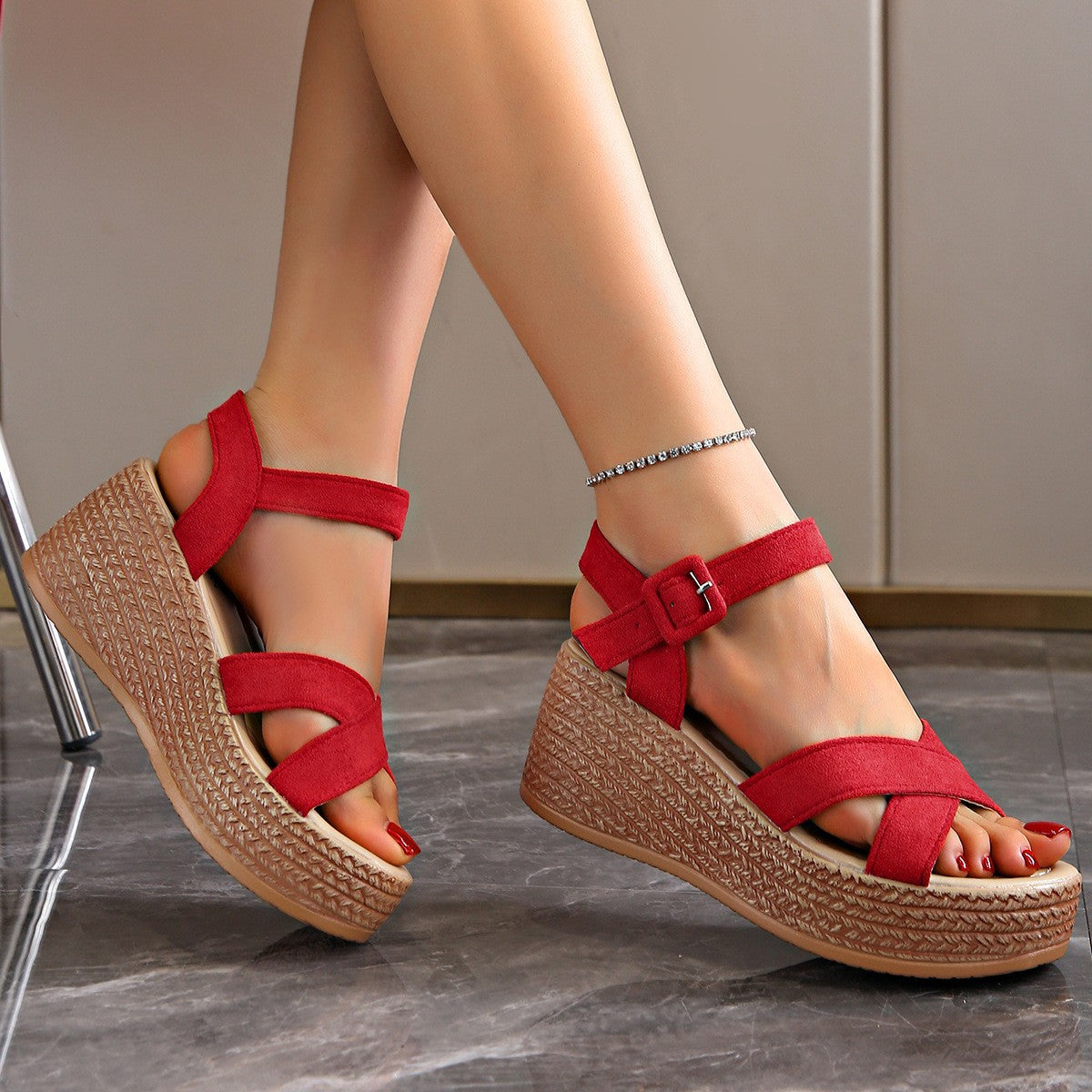 Esme Platform Wedges in Red — hemp-wrapped wedge