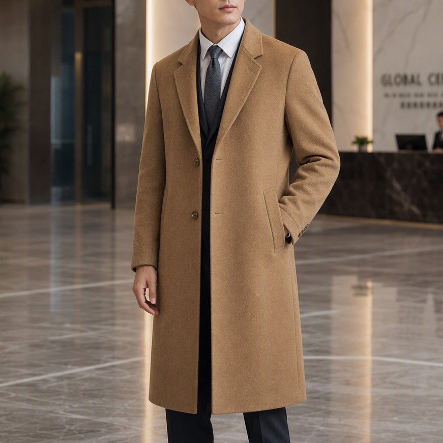 Everett Notched Overcoat in Light Brown — worn over a suit