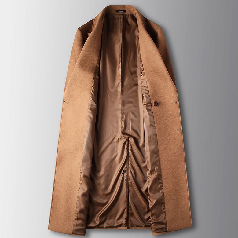 Nolan Longline Overcoat in Light Brown — satin lining detail