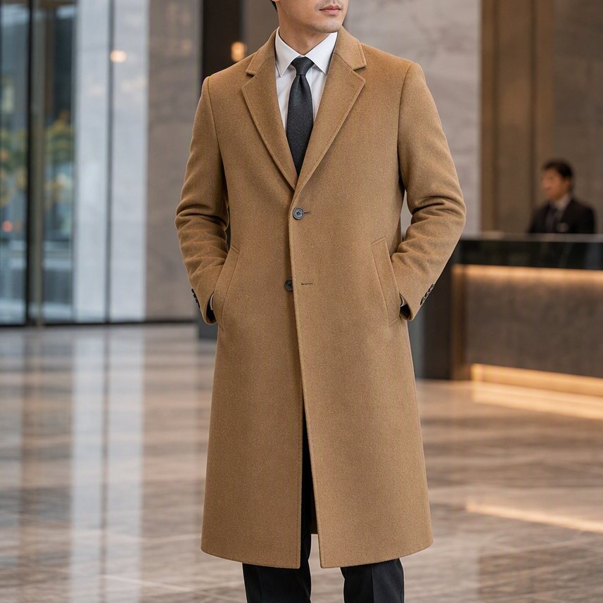Everett Notched Overcoat in Light Brown — full-length view