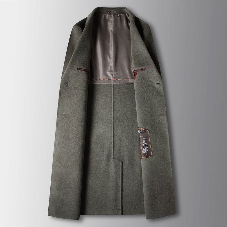 Everett Notched Overcoat in Olive Green — inner lining and chest pocket detail