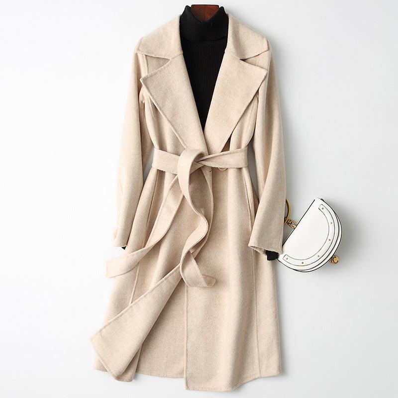 Odette Belted Coat in Cream — long wool wrap coat with notched lapel and self-tie belt