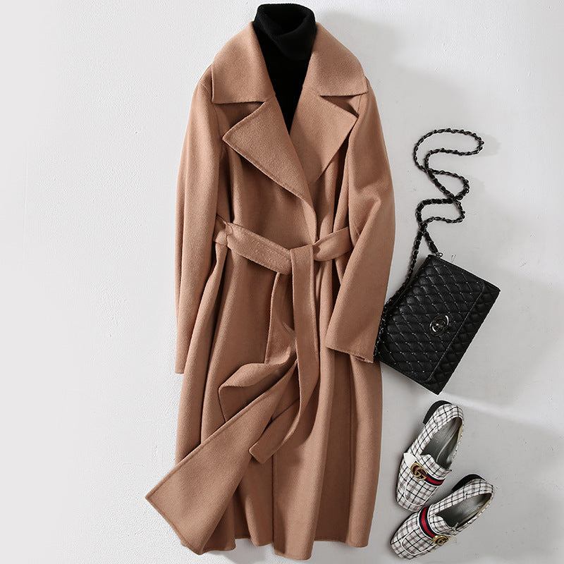 Odette Belted Coat in Light Brown — long wool wrap coat with notched lapel and self-tie belt