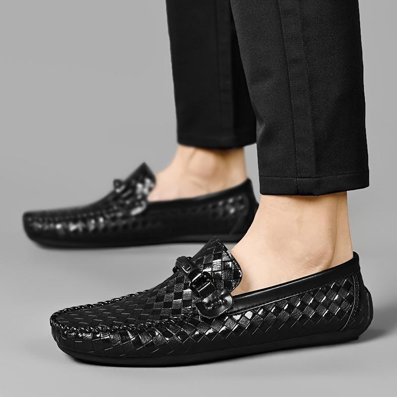 Emilio Woven Loafers in Black — woven leather driving loafers with metal bit detail