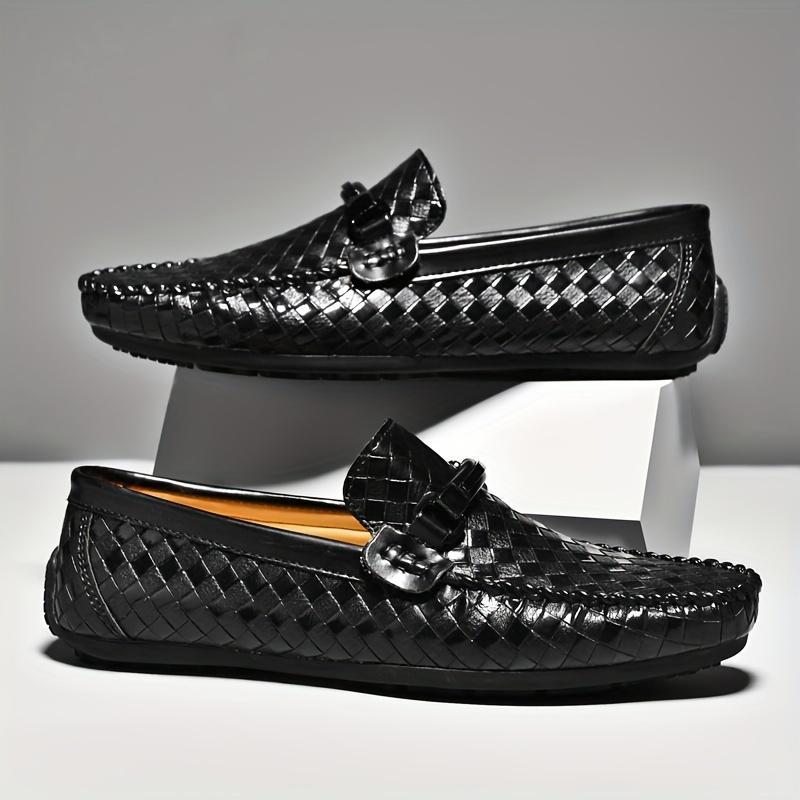 Emilio Woven Loafers in Black — woven leather driving loafers with metal bit detail