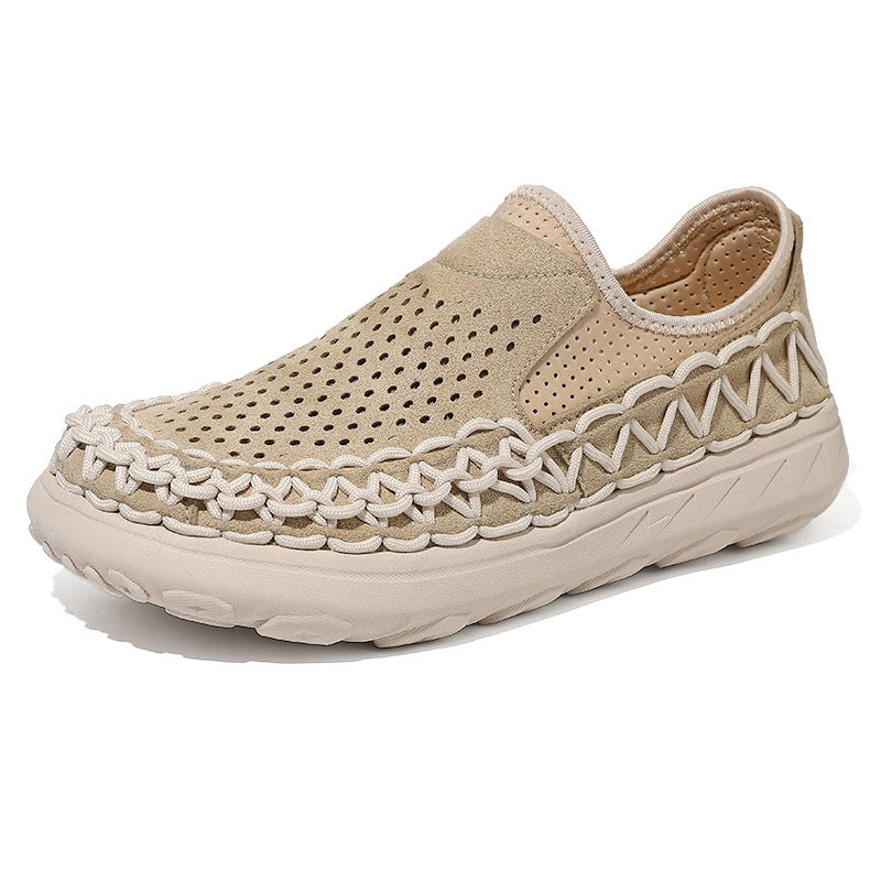 Dario Woven Loafers in Beige — men's woven slip-on loafer, angled view