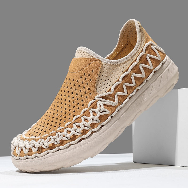 Dario Woven Loafers in Light Brown — men's perforated suede slip-on loafer with woven cord trim