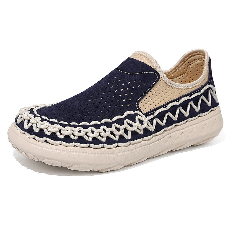 Dario Woven Loafers in Navy Blue — men's woven slip-on loafer, angled view