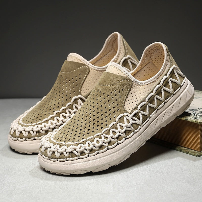 Dario Woven Loafers in Olive Green — men's perforated suede slip-on loafer with woven cord trim