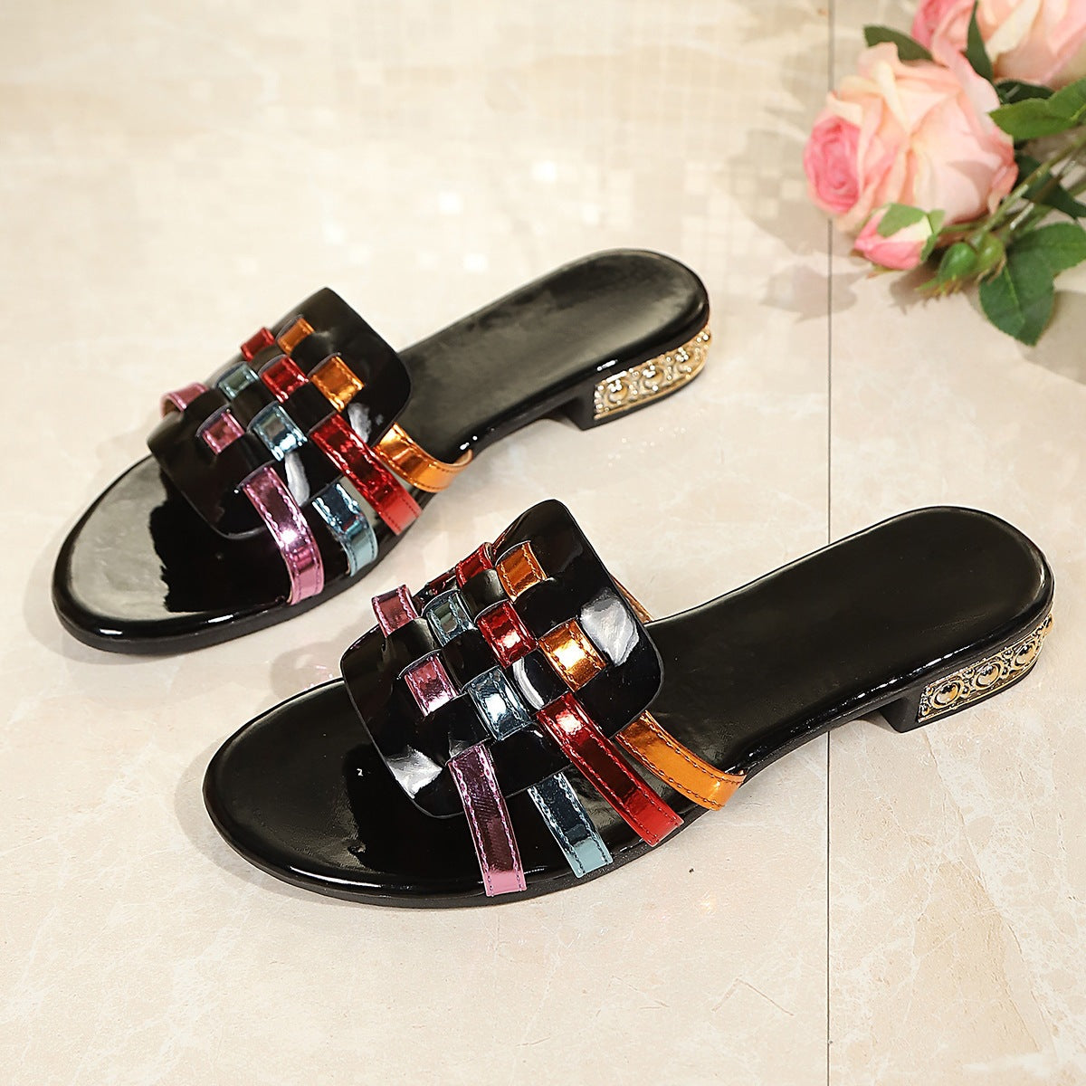Tessa Woven Sandals in Black — multicolor woven metallic straps with low block heel