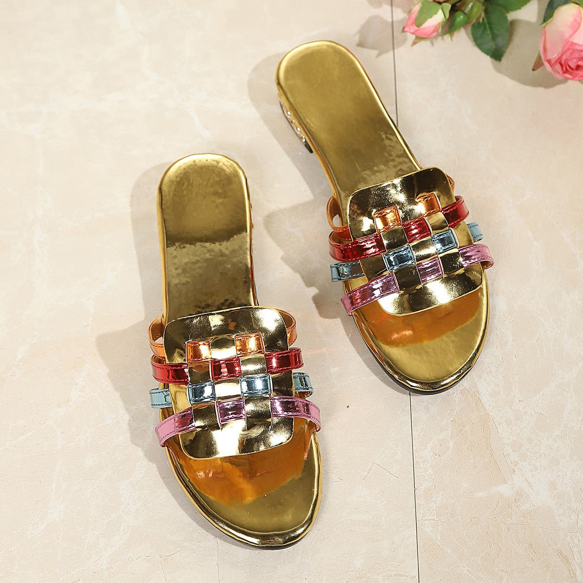 Tessa Woven Sandals in Gold — multicolor woven metallic straps with low block heel