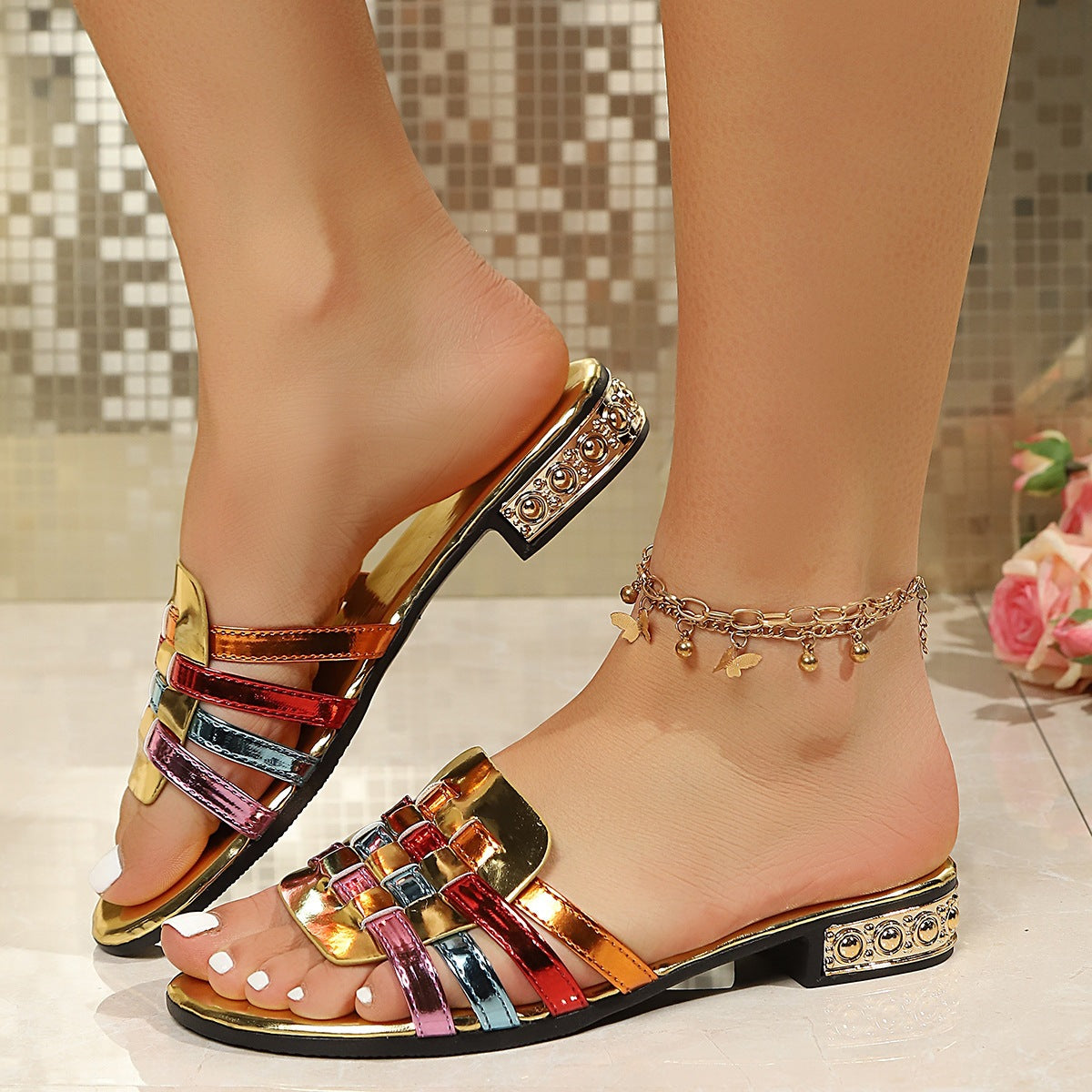 Tessa Woven Sandals in Gold — multicolor woven metallic straps with low block heel